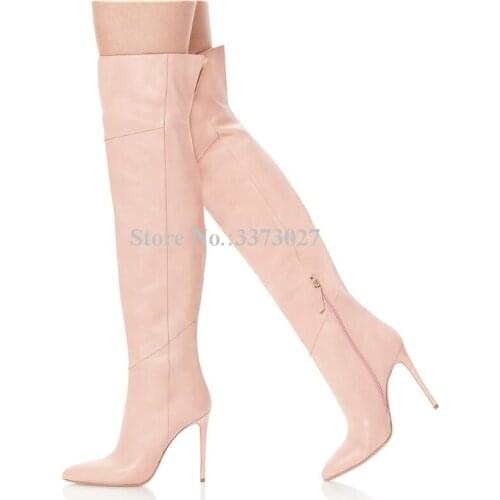 Lady New Pink Color Leather Over the Knee Boots Sexy Pointed Toe Stiletto Heel Long Boots Fashion Female Large Size Banquet Shoe