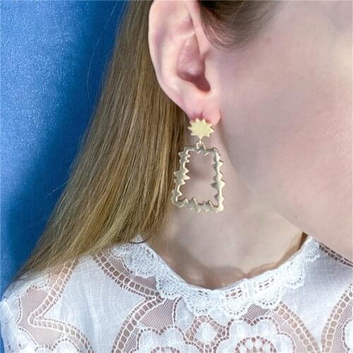 Trendy Gold Color Plating Heart Square Circle Star Geometric Drop Earrings For Women Irregular Thorn Decorated Accessory Jewelry