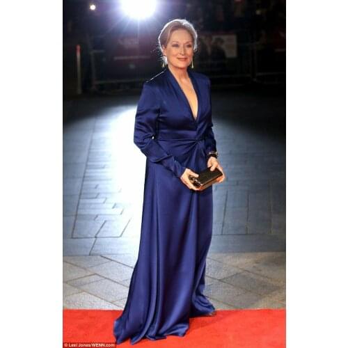 Long Sleeve Satin V-Neck Mother of Bride Dresses A-Line Floor Length Zipper Back Blue Abendkleider Robes de Soirée for Women