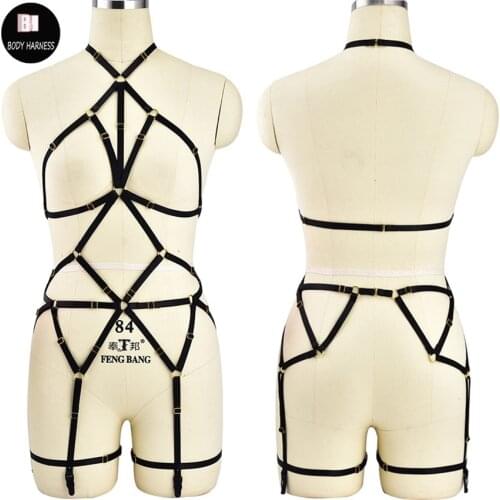 Harajuku Women Sexy Body Harness Bondage Lingerie Set Rave Cage Bra Pastel Goth Garter Belt Pole Dance Bondage Harness