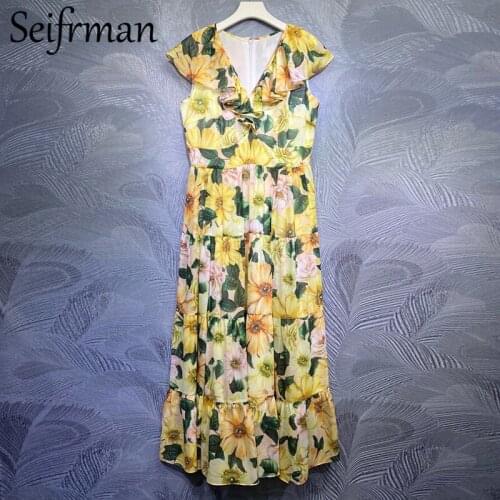 Seifrmann 2021 New Summer Women Fashion Designer Party A-Line Dress Sexy V-Neck Ruffles High Waist Printed Ladies A-Line Dresses