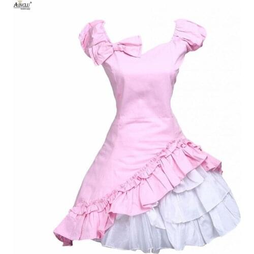 2018 Summer Pink Lolita Dress Womens Classic Cotton Short Sleeves Bow Ruffle Sweet Lolita Dress Ainclu XS-XXL Cosplay Clothes