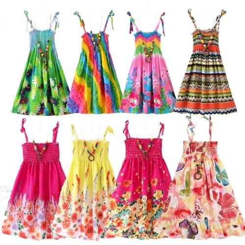 2021 Kids Summer Dress For Girls Bohemian Floral Sling Ruffles Beach Princess Dresses Girl Clothing 2 6 8 12 With Necklace Gift