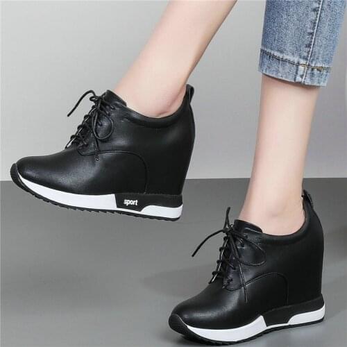 Lace Up Fashion Sneakers Women Genuine Leather Wedges High Heel Ankle Boots Female Round Toe Platform Pumps Shoes Casual Shoes
