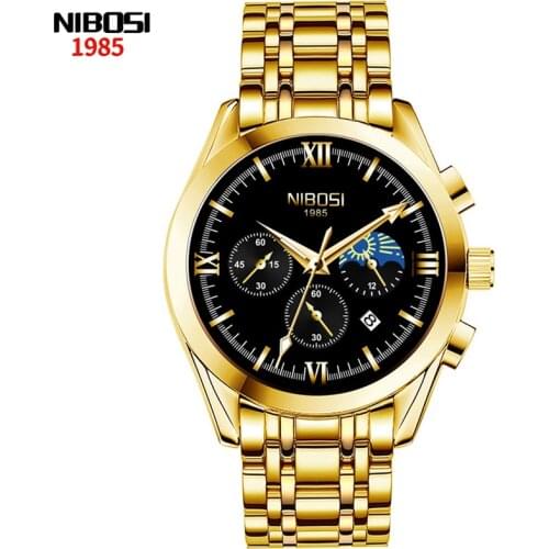 Reloj Hombre NIBOSI Gold Watches Mens Luxury Fashion Quartz Wristwatch Analog Chronograph Men Watch Waterproof Clock+Box 2515