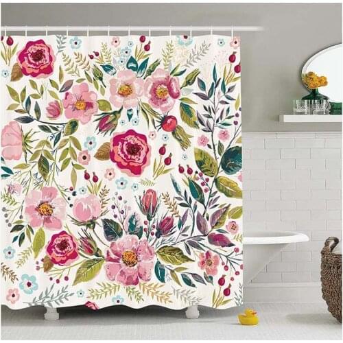 Floral Shower Curtain by, Shabby Chic Flowers Roses Pedals Dots Leaves Buds Spring Season Theme Image Artwork, Fabric Bathroom D