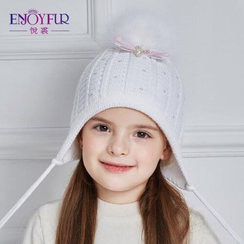 ENJOYFUR Girls Hats For Winter Autumn Thick Warm Children Caps Rhinestones Beanies Kids Hat Good Quality