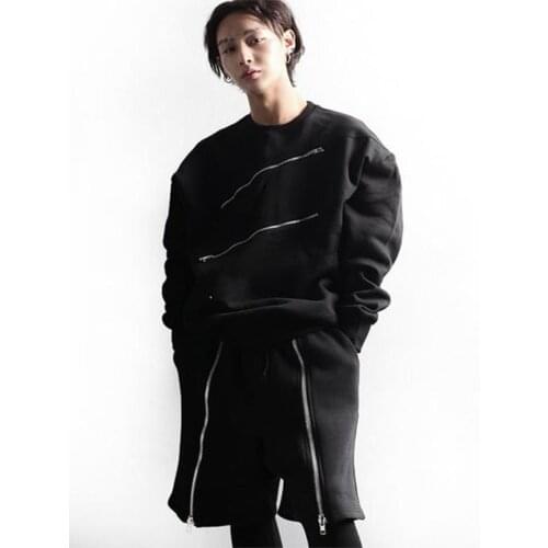 Mens spring and Autumn new round neck zipper with shoulder strap classic dark casual loose long sleeve T-shirt