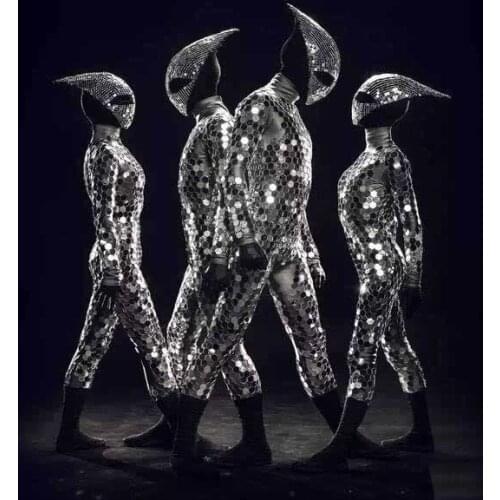 Modern dance Space alien mirror costume technology future warrior bodysuit mask laser dance performance clothing gogo costumes