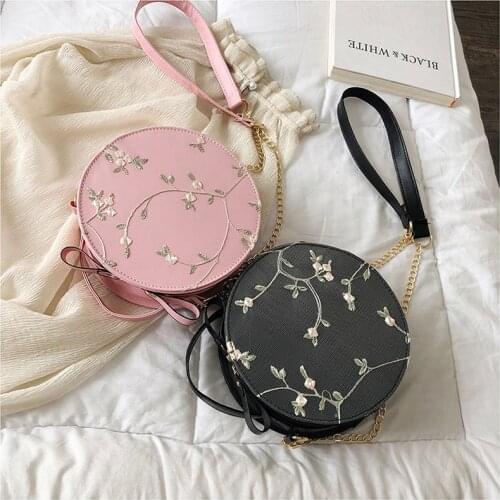 High Quality Sweet Lace Round Handbags 2021 PU Leather Women Crossbody Bags Female Fashion Small Fresh Flower Chain Shoulder Bag
