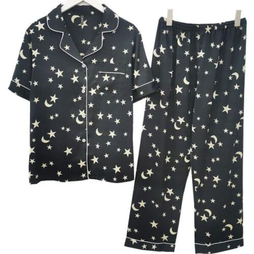 Summer Womens Pajamas Short-Sleeved Trousers Viscose Pyjamas Women Turn-down Collar Geometric Sleepwear Home Clothes 2pc Set