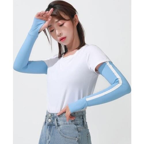 Summer Women UV Sunscreen Sport Climbing Cycling Fingerless Stripe Sun Mitten Female Long Ice Silk Driving Glove Arm Sleeve F11