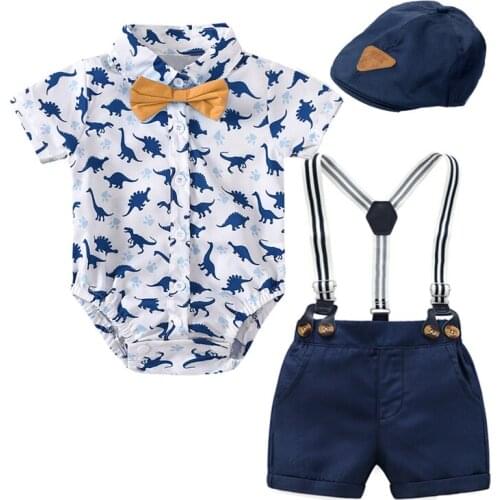Summer Boy Clothes with Beret for Newborn Baby Romper Set Cotton Dinosaur Pattern Printed Jumpsuit + Suspender Shorts Kid Outfit