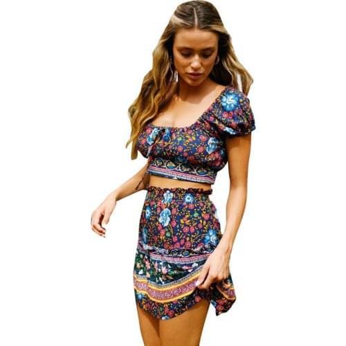 2021 Hot Women Floral Print 2 Pieces Set Dress Ruffle Sexy Short Dresses Vintage Lace Up Boho Beac dres xǐ yíng yíng
