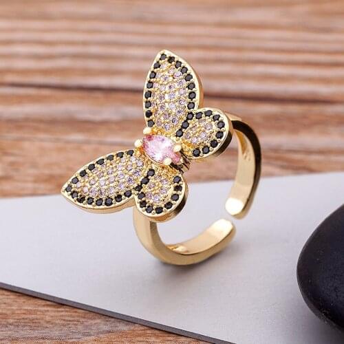 Fashion European and American New Style Copper Zircon Butterfly Ring Personalized Animal Rhinestones Adjustable Rings For Women