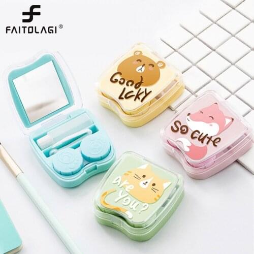 Cartoon Contact Lens Cases With Mirror Cute Contact Lens Box Square Women Girls Travel Contact Lenses Kit Container Case