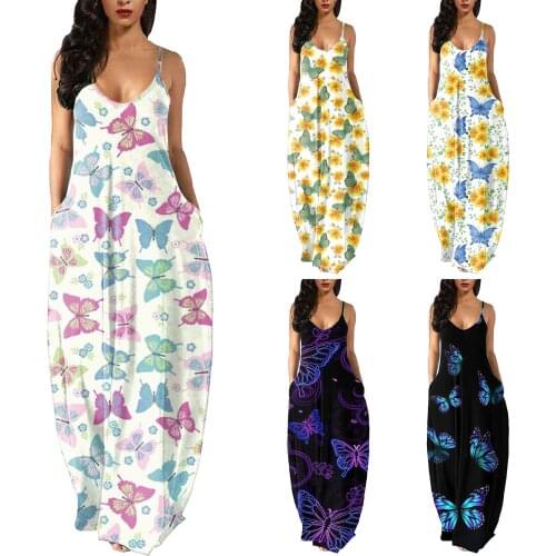 Hirigin Female Summer Oversized Dresses Sexy Women Casual Sleeveless Floral Print Butterfly Dress Ladies Loose Long Dress XXL