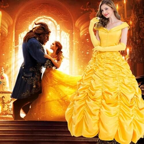 Princess Belle Dress Beauty and the Beast Costume,Fantasia Halloween Cosplay Adult Princess Belle Costume Long Dress For Women