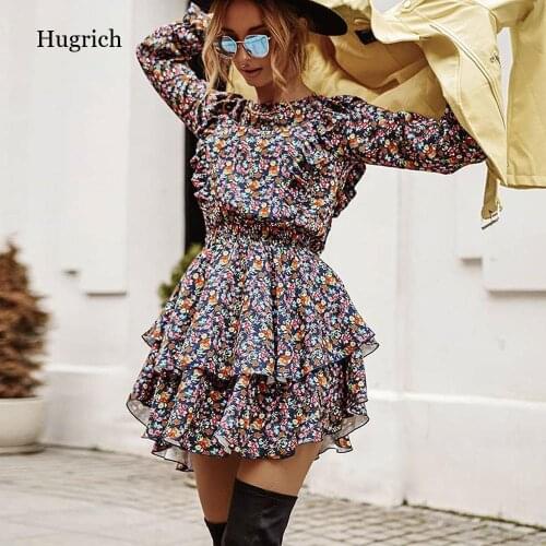 O-Neck A-Line Black Flower Print Vintage Dress Womens Long Sleeve Ruffle Mini Summer Dress Casual Daily Party Clothes