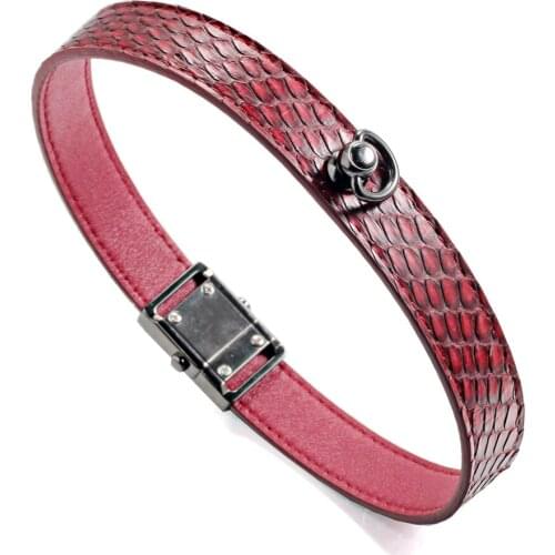 Red Snake Genuine Leather Gun Metal Black Button Buckle Choker Necklaces Bracelet NeckCollar Dual Use 41CM