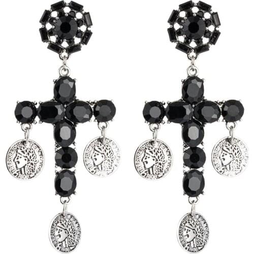 Luxury Vintage Baroque Style Cross Earrings Women Indian Coin Ethnic Long Earrings Female Big Glass Crystal ZA Earrings Jewelry
