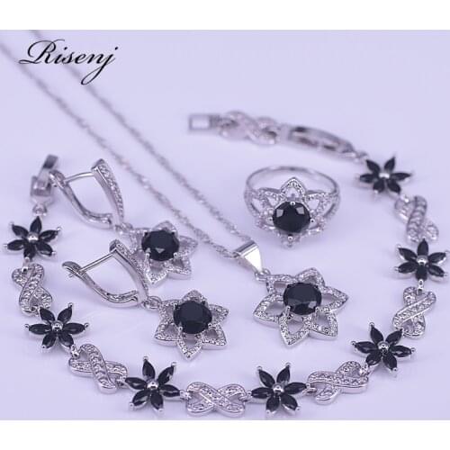 Israel Hexagon Silver 925 Jewelry Set Black Zircon Bridal Jewelry Set For Women Earrings Ring Necklace Bracelet Set