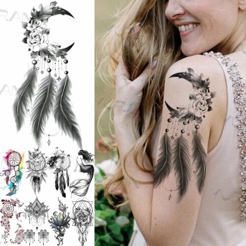 Sexy Moon Flower Feather Temporary Tattoos For Women Men Fake Dreamcatcher Mermaid Henna Lotus Tatoos Washable Tattoo Stickers