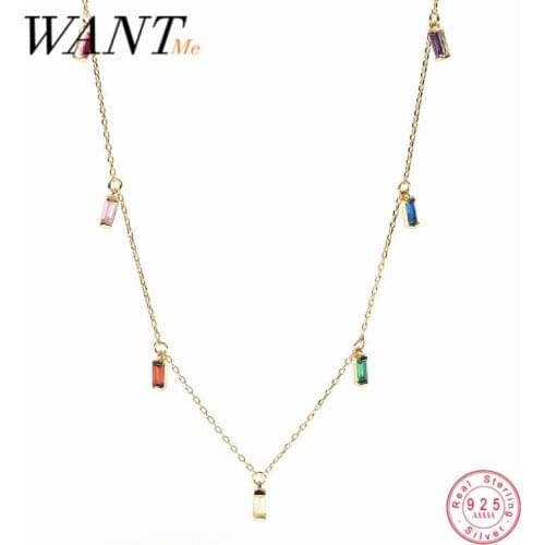 WANTME 925 Sterling Silver Geometric Color Zircon Chain Clavicle Necklace for Women Korean Charming Chic Wedding Party Jewelry