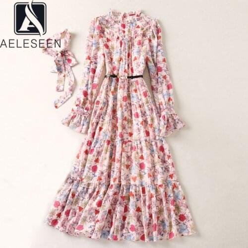 AELESEEN Runway Fashion Spring Autumn New Arrival Women Dress Rufflus Flower Print Long Holiday Dress With Scarf