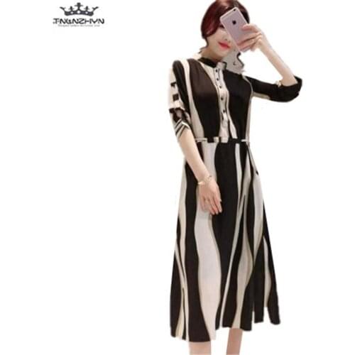 Tnlnzhyn 2019 Spring Summer Women Chiffon Dresses Women 3/4 Sleeves Stripes Dress Elegant Women Casual Office Lady Dress Y941