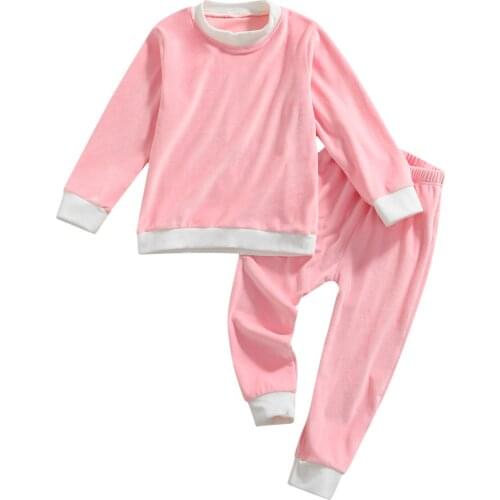 Toddler Girls 2Pcs Fall Outfits, Winter Warm Plush Long Sleeve Color Block Pullover and Pants Set 1-6T