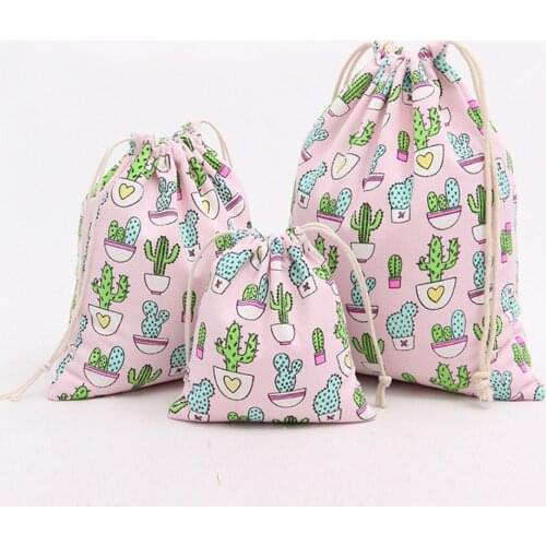 3Pcs/Set Pink & Dark Blue Canvas Candy Gift Bags for Children Cactus Beam Port Drawstring Bags Small Jewelry Gift Storage Bags