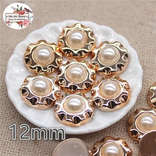 50pcs 12mm flower pearl plastic flatback golden color button decoration sewing craft scrapbook accessories