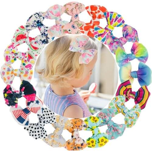 50Pcs/Lot Large 5 Inch Seersucker Waffle Fabric Hair Bows Kids Girls PrintingTop Knot Hairpins Children Headwear Accessories