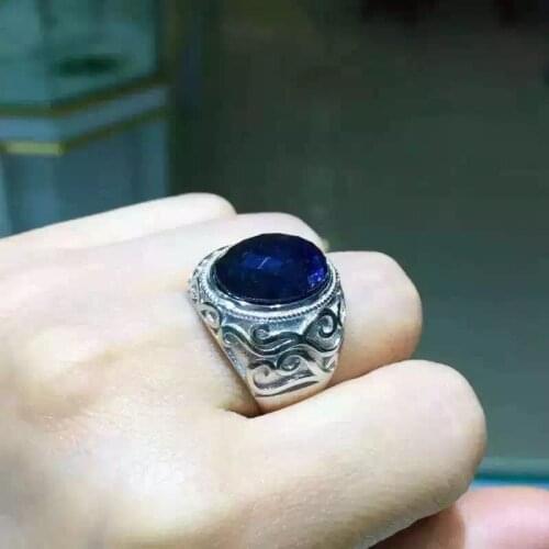 Free shipping Natural Sapphire Ring 925 sterling silver Wholesales Fine jewelry Natural Sapphire Man Ring 12*16mm