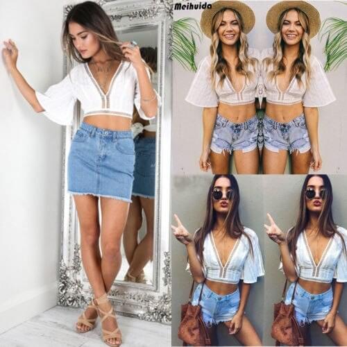 Fashion Women White Lace V-Neck Lace Blouse Summer Holiday Crop Tops Ladies Casual Short Sleeve Shirts Blusa De Mujer