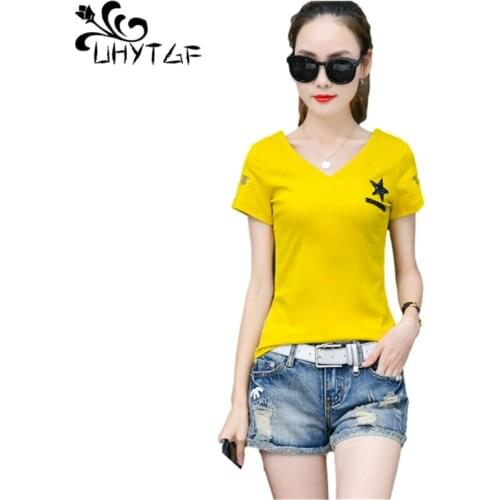 UHYTGF Short-Sleeved T-Shirt Women Korean Fashion V-Neck Pullover Slim Summer Tops Female Clothes Elegant Plus Size T-Shirt 2050