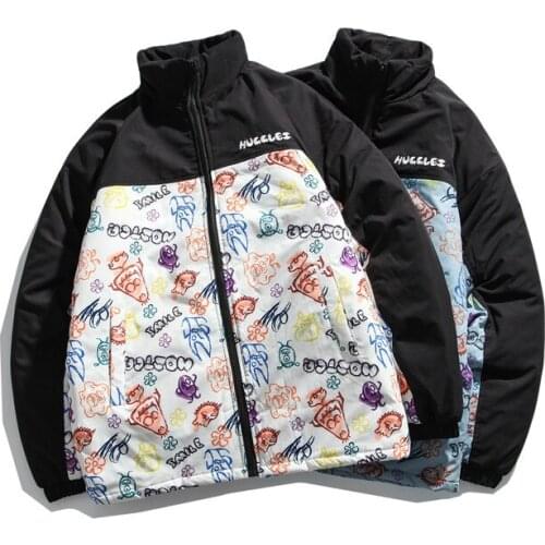 Graffiti ins trendy stand collar warm and thick cotton padded clothes couple loose Korean personalized coat cotton clothes