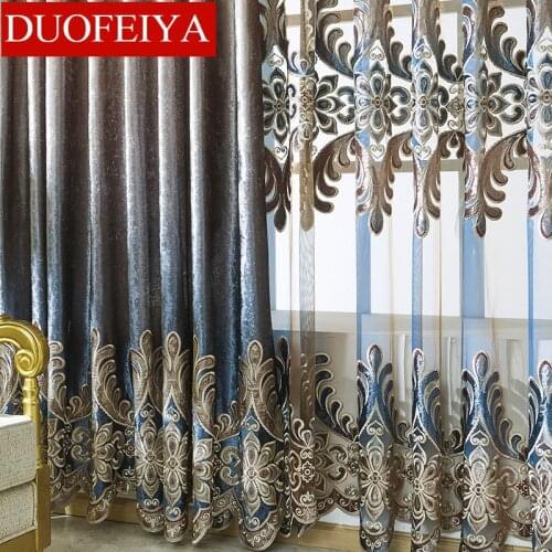 Curtain Set European Luxury Curtains for livingroom With Valance For Living Room Curtain Set Bronzing Blue Curtains