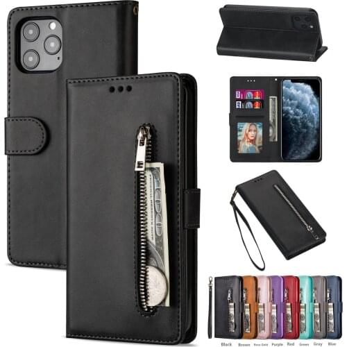 Zipper Wallet Leather Case for iPhone 13 12 Mini 11 Pro Max XR XS SE 2020 6 7 8 Flip Cover Card Pocket Kickstand Lanyard Coque