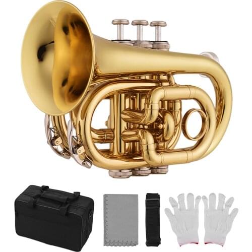 Muslady Mini Pocket Trumpet Bb Flat Brass Material Wind Instrument with Mouthpiece Gloves Cleaning Cloth Carrying Case