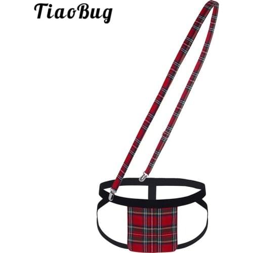 Men Underpants Plaid Panties Low Rise Open Back Bulge Pouch Bikini Briefs Jockstrap G-string Sexy Underwear with Suspender Belt