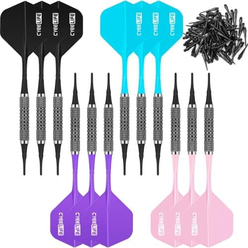 CyeeLife 12/14g Soft tip darts set 12 Packs with 4 Colors one piece Flights,100 plastic points(4 Colors each 25pcs)
