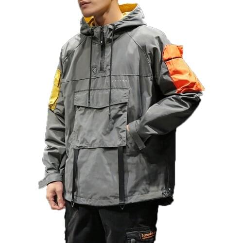 Front Pocket Pullover Jackets Men 2020 Autumn Half Zipper Hoodie Jacket Male Hip Hop Casual Windbreaker Coat Streetwear M-5XL