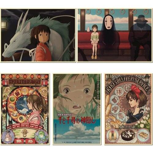 Retro Posters Spirited Away Hayao Miyazaki Cartoon Movie Poster Kraft Paper Painting Stickers Wall Hanging Painting Printed Draw