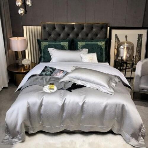 Satin Cotton Luxury Grey Golden Duvet Cover Set King Queen size 4Pcs Soft Silky Satin Bedding set with 1 Bed Sheet 2 Pillowcases