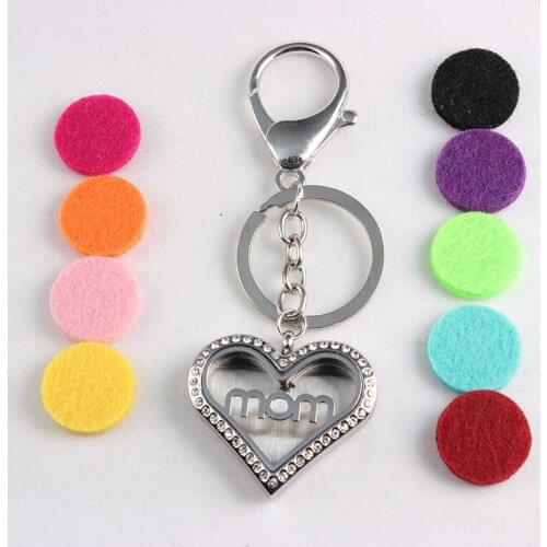 Heart MOM Stainless Steel Perfume Locket Keychains Aromatherapy Essential Oils Diffuser Locket Keychains With Crystal 5PCS
