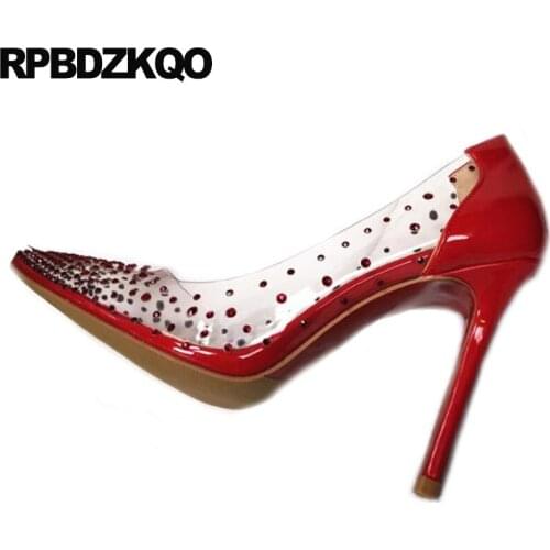 Super red transparent women high heels pointed toe clear wedding shoes metal ultra crystal diamond catwalk stiletto pvc pumps