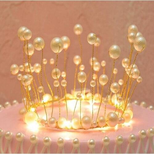 Cake topper banner for DIY Cupcake Wrapper Baking Cup birthday/wedding party bar Table artificial pearl crown light Wh