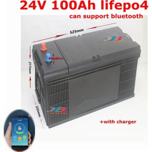 Waterproof 24V 100AH lifepo4 Battery with bluetooth BMS for 2400W motorhomes Solar energy RV EV AGV inverter + 10A Charger